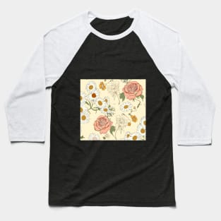 Hand-drawn floral motifs. Delicate daisies and roses scattered on a pale yellow background. Vintage flower wallpaper. Baseball T-Shirt